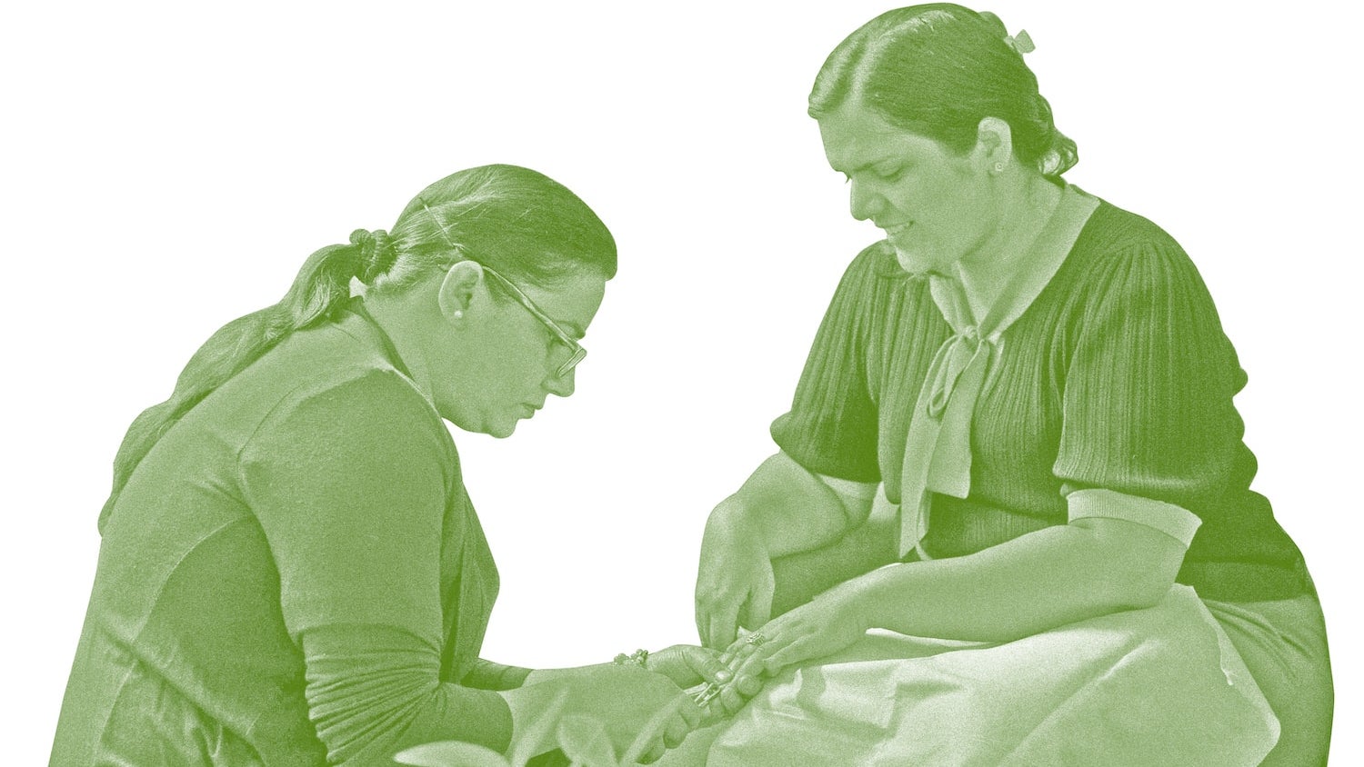 A photo of a woman giving another woman a manicure with a green overlay, against a white background.