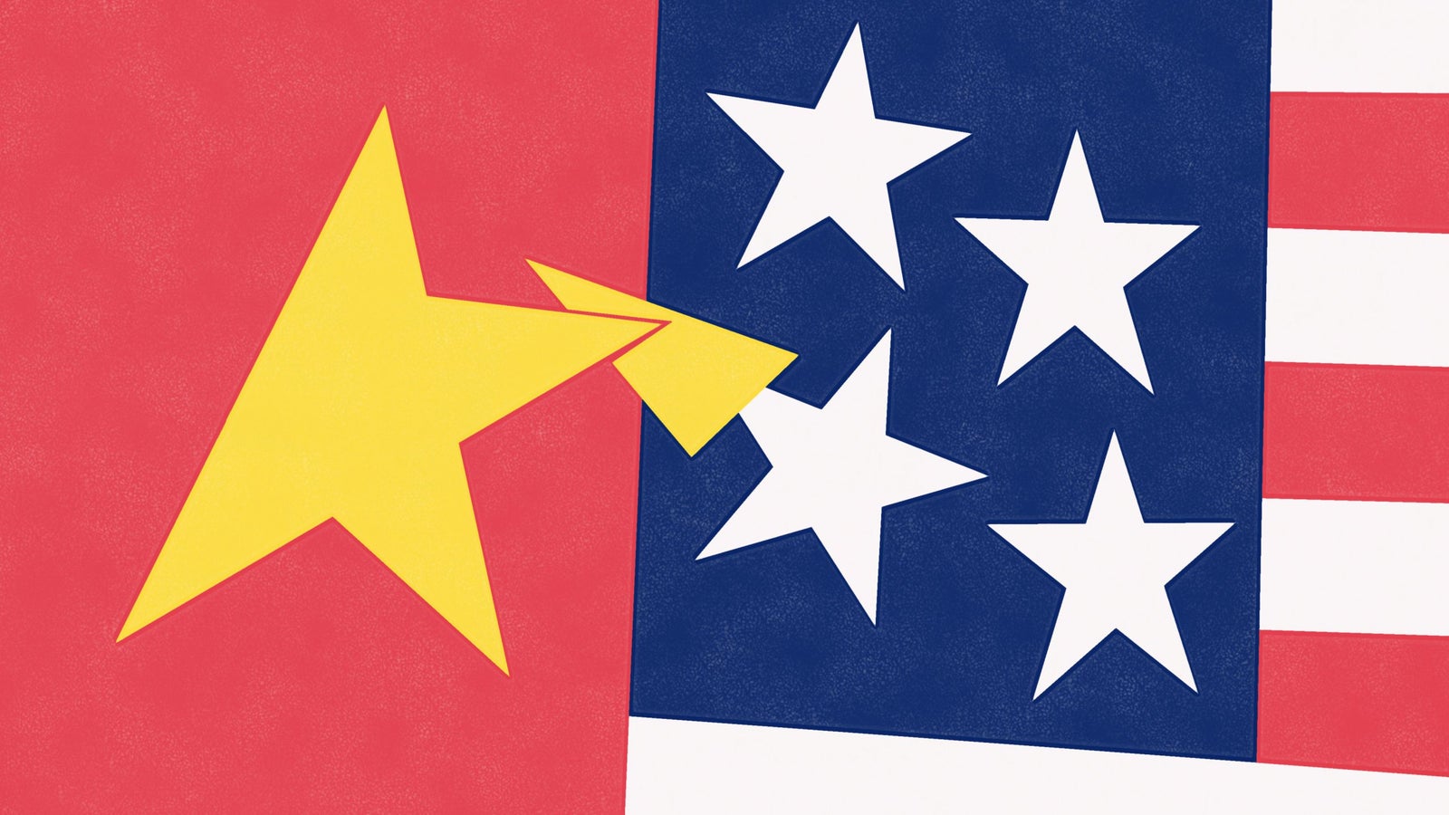 An illustration combining elements from the flags of China and the United States, featuring a red background with a yellow star on the left and a blue background with white stars and red stripes on the right.