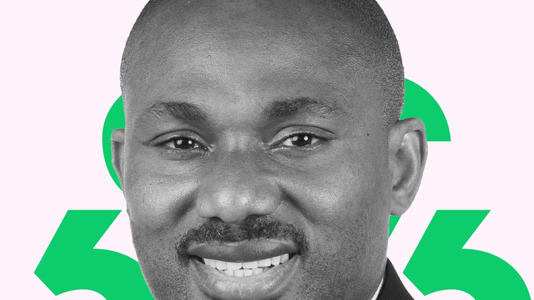 A black and white headshot of Bayo Adekanmbi against a green and pink background.