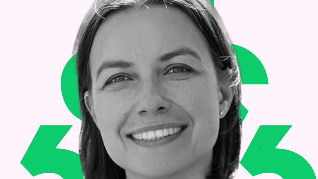 A headshot of Ekaterina Hertog against a green and pink background.