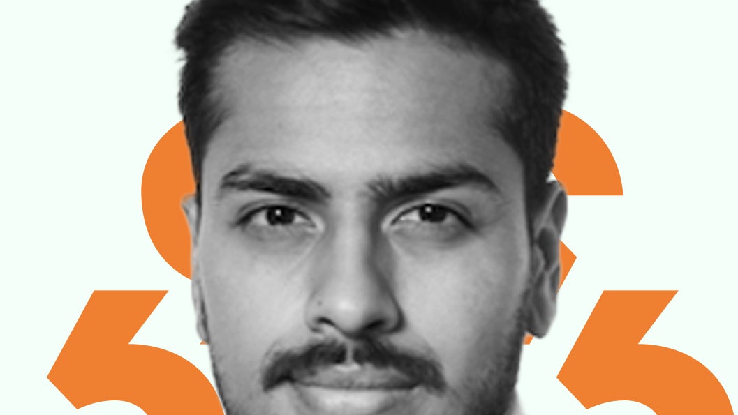 A black and white headshot of Hasib Malik against an orange and light green background.