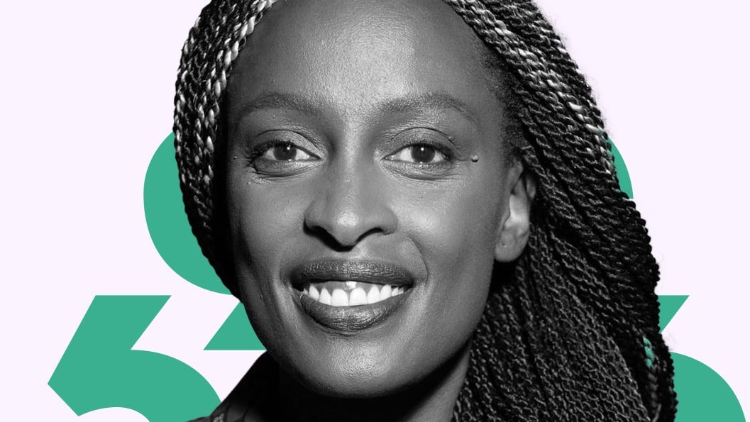 A black and white headshot photograph of Jocelyne Muhutu-Remy against a light purple and teal background.