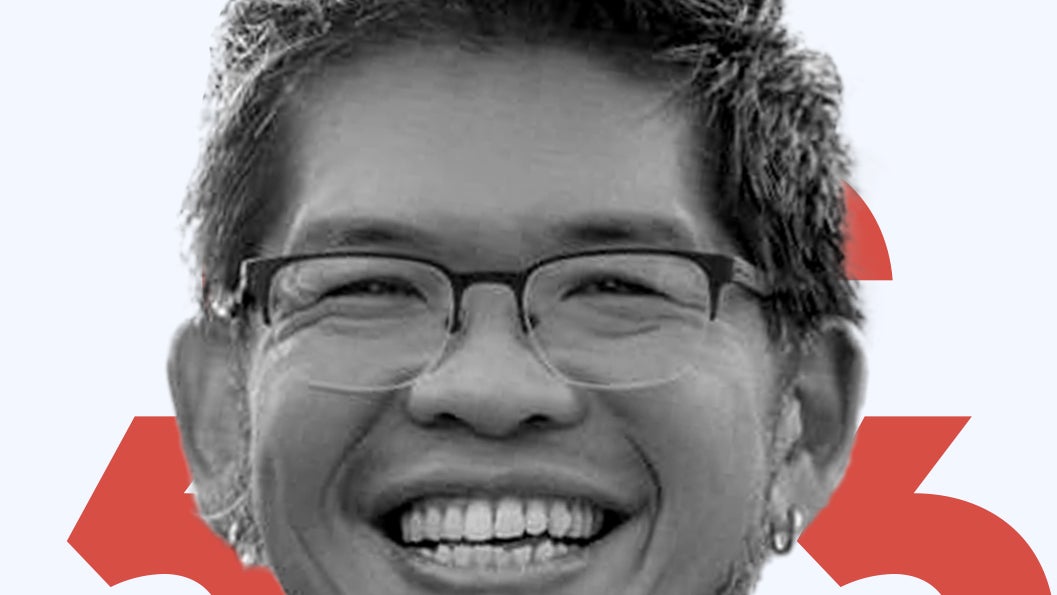 A headshot of Steve Chen placed over red diacritics and a light blue background.