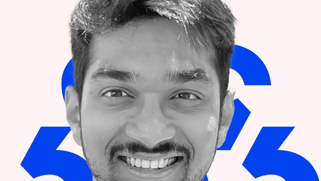 A black and white headshot of Swapneel Mehta against a pink background with blue diacritics.