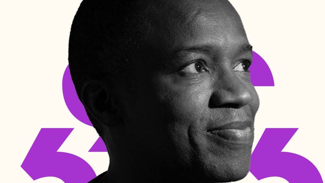 A photo of Tidjane Deme against a purple and cream background.