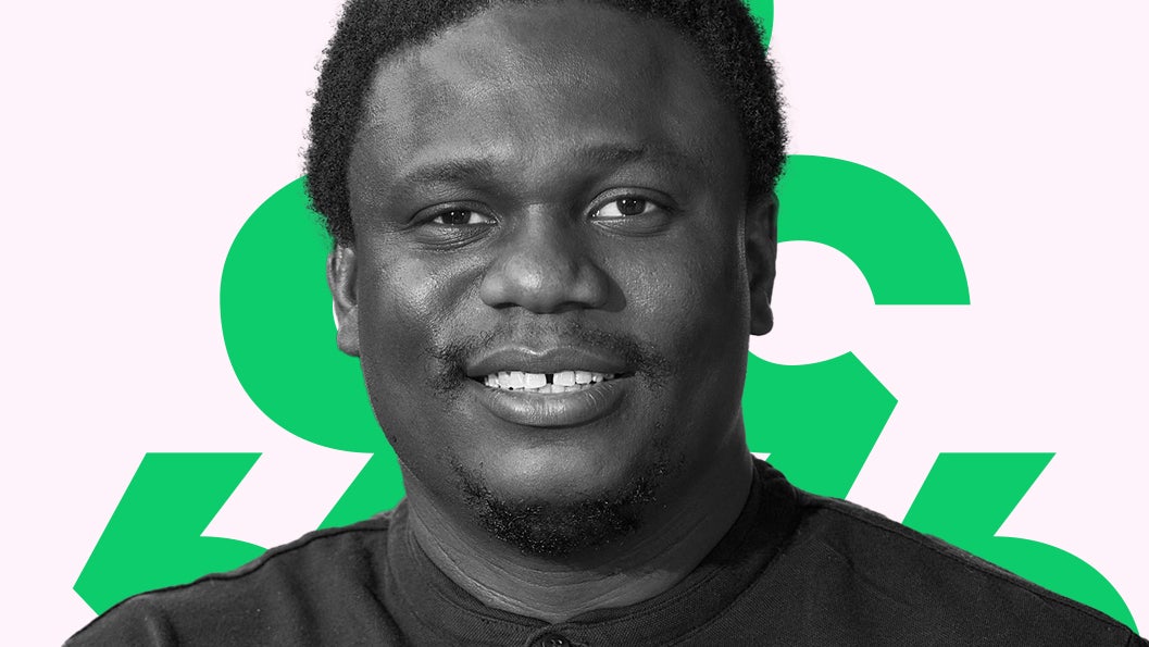 A headshot of Tosin Eniolurunda placed over green diacritics and a light pink background.