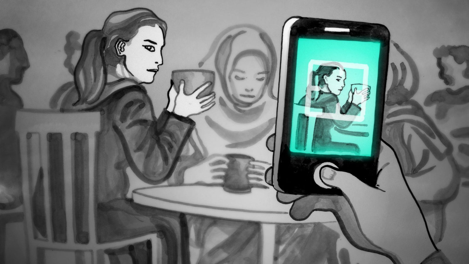 A black and white illustration with aqua highlight showing a hand taking a photo on a cell phone of a woman seated at a table drinking with other women in a cafe.