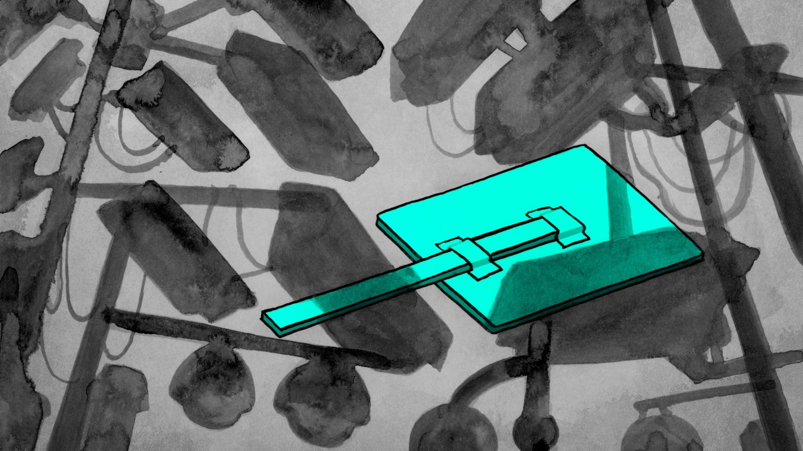 Illustration of a protest sign lying face down on the ground, blanketed with the shadows of surveillance cameras
