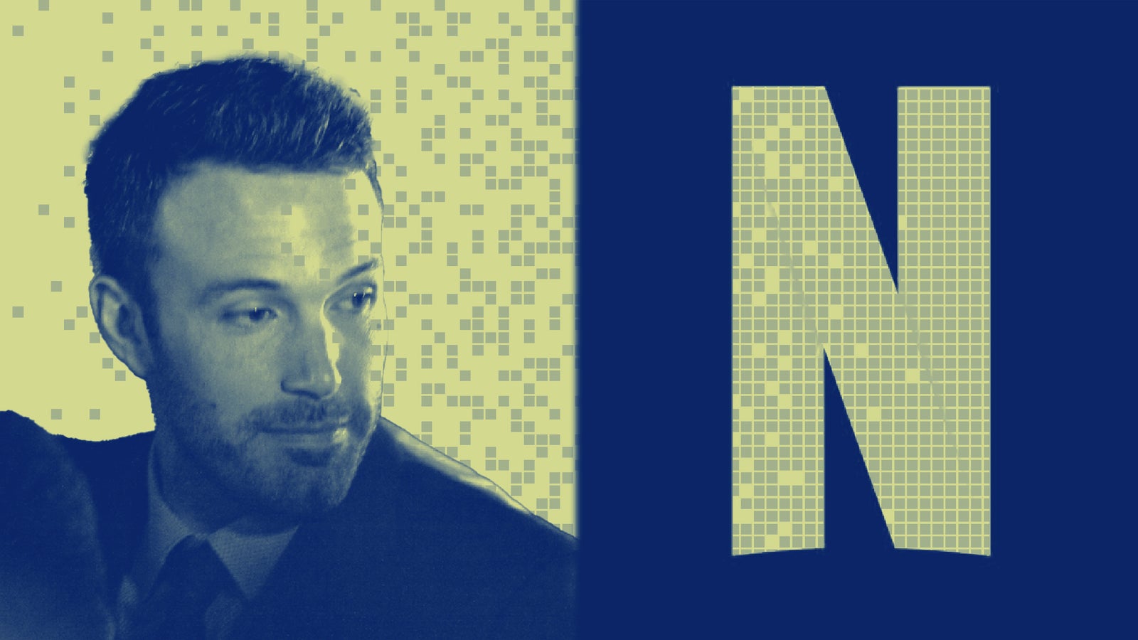 A stylized image featuring a man with a beard and suit next to a large, textured letter "N" against a blue background.