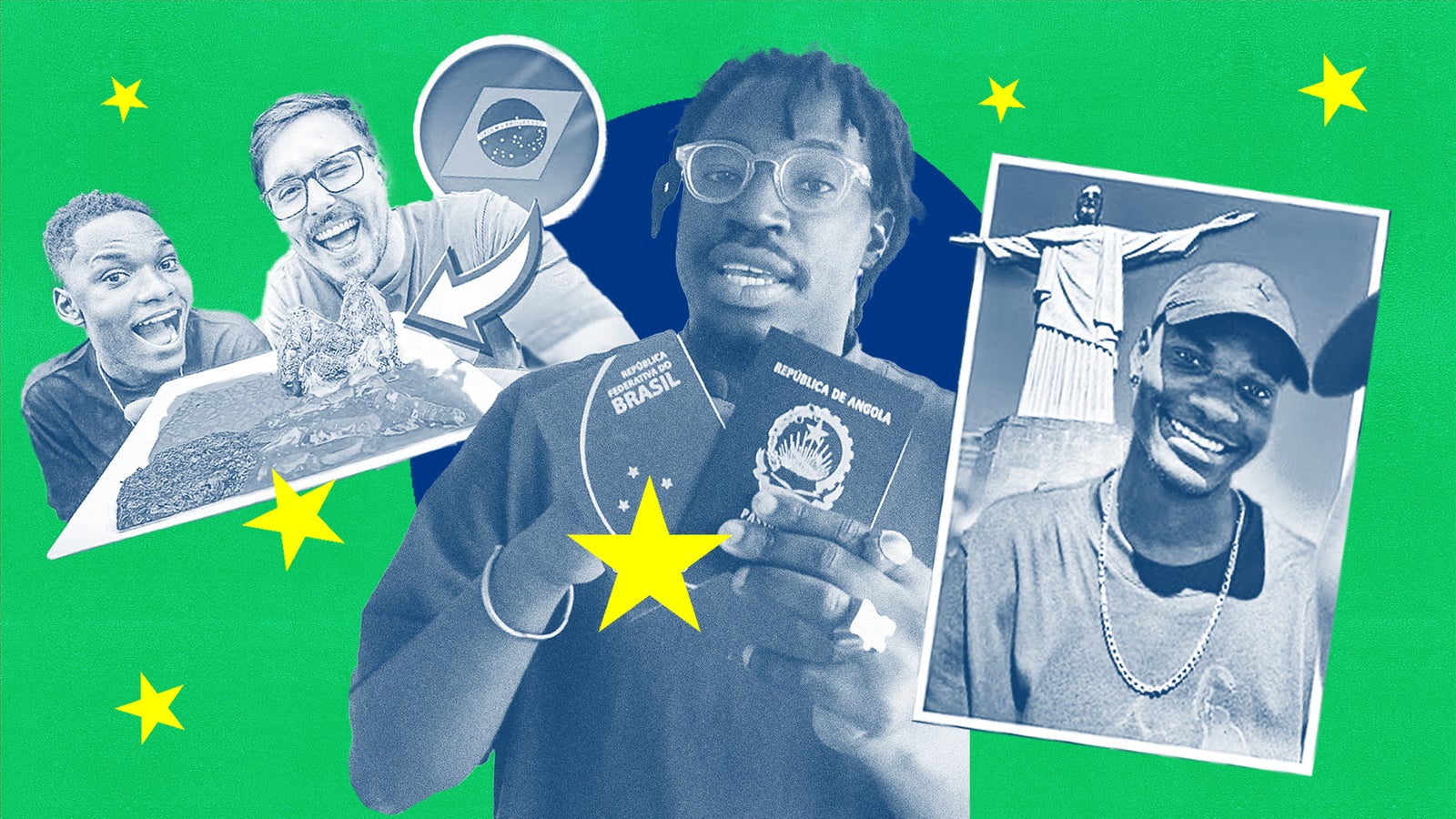 A collage of African content creators with elements of the Brazilian flag against a green background.