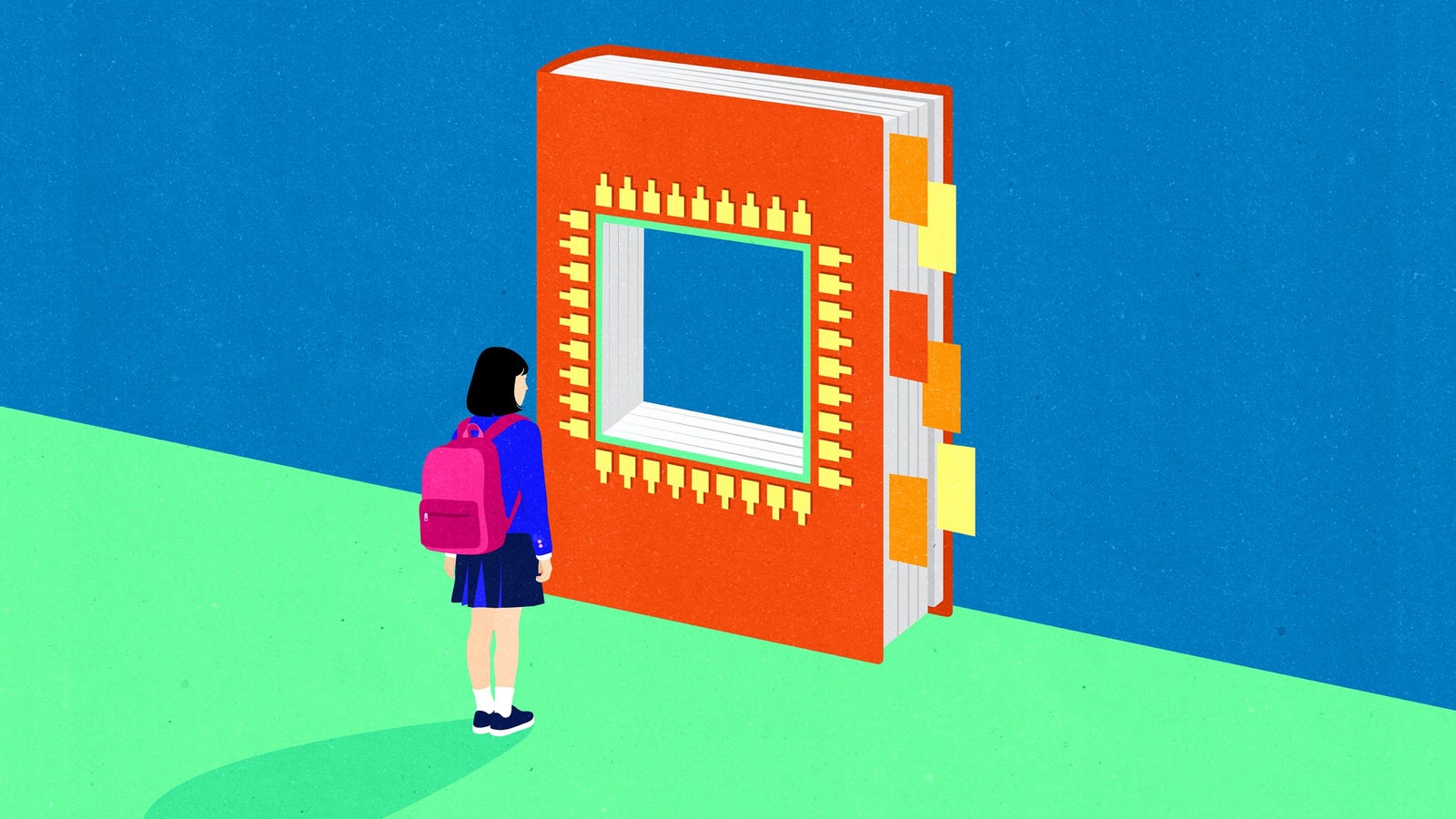 A girl with a pink backpack stands in front of a large, oversized book that features a cut-out window and colorful tabs, set against a blue background with green ground.