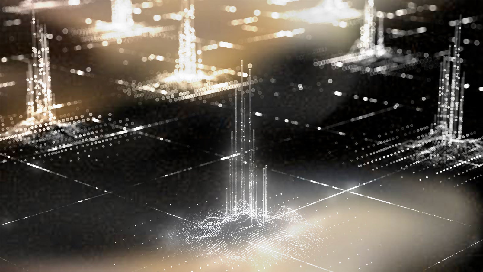 Abstract digital landscape with illuminated towers and grid patterns, creating a futuristic, technological atmosphere.