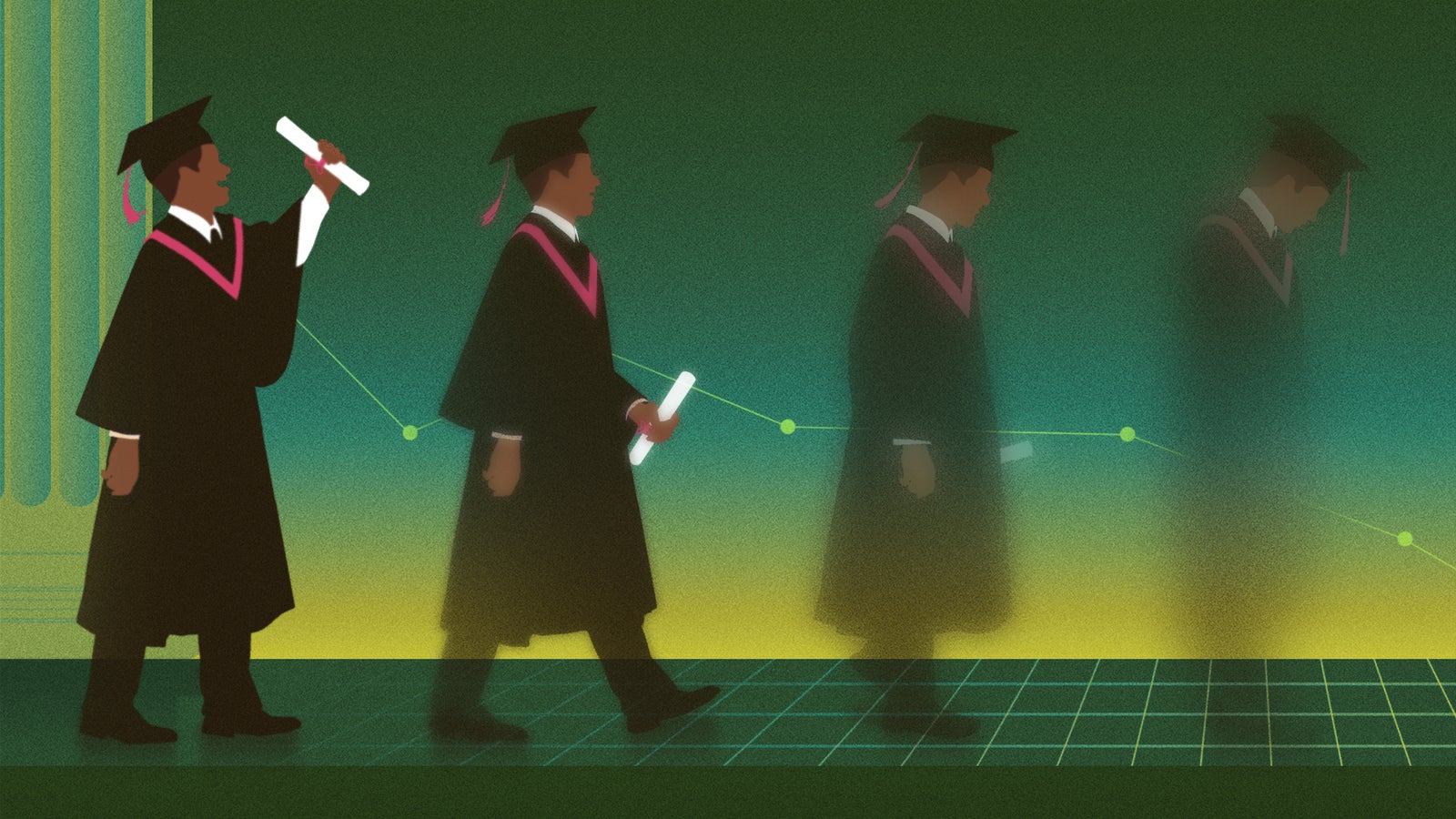A graduate in cap and gown walks forward holding a diploma, with disappearing effect behind. Green and yellow gradient background.