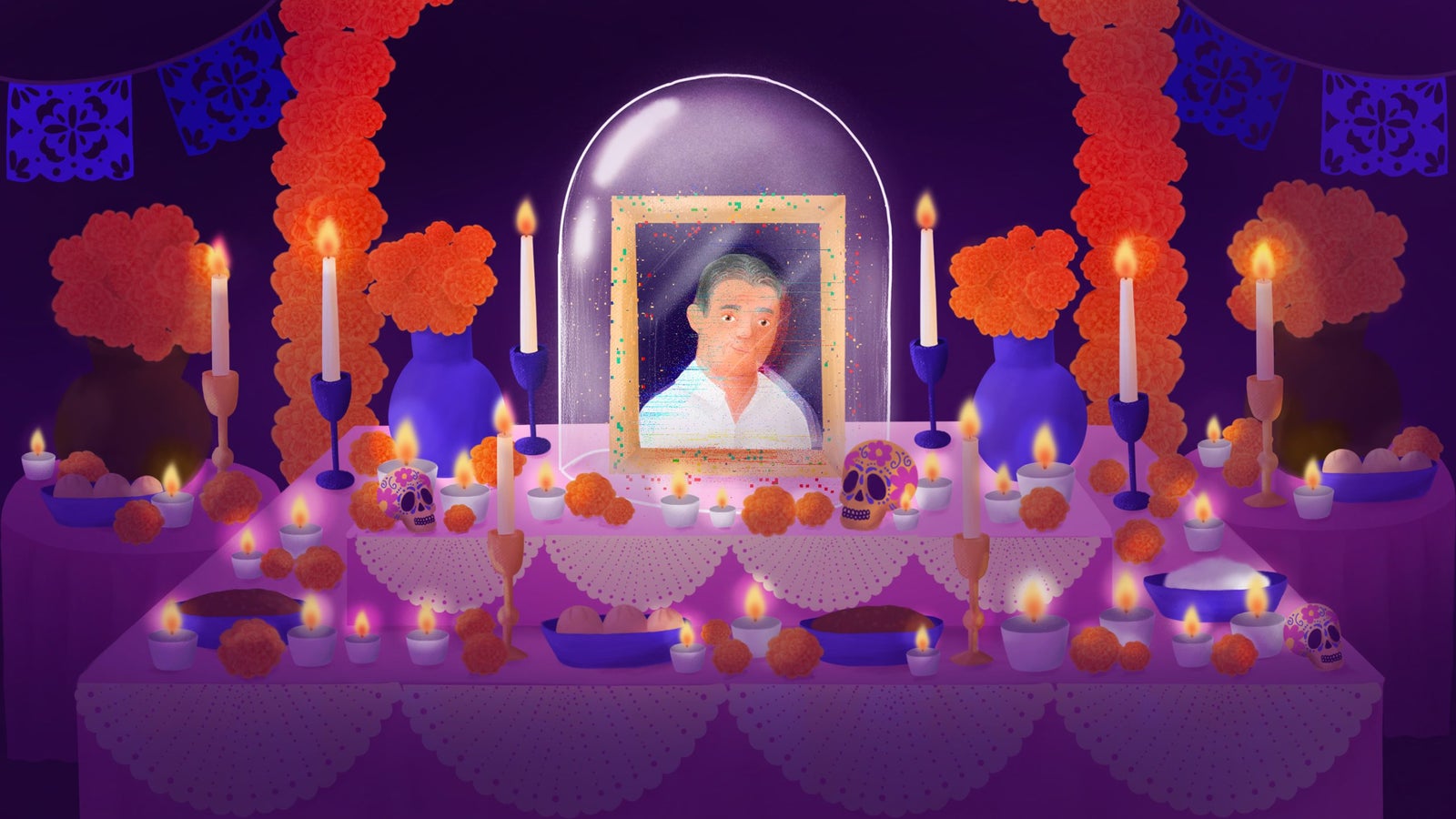 A colorful altar decorated for Día de los Muertos, featuring a framed portrait of a person with a glitch effect over it under a glass dome, surrounded by candles, marigold flowers, sugar skulls, and offering. The background is dark with papel picado banners.