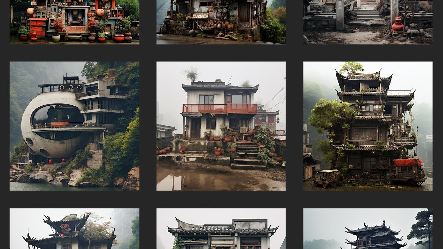 A photo collage showing a grid of 9 square images of dark houses in foggy, moody environments.