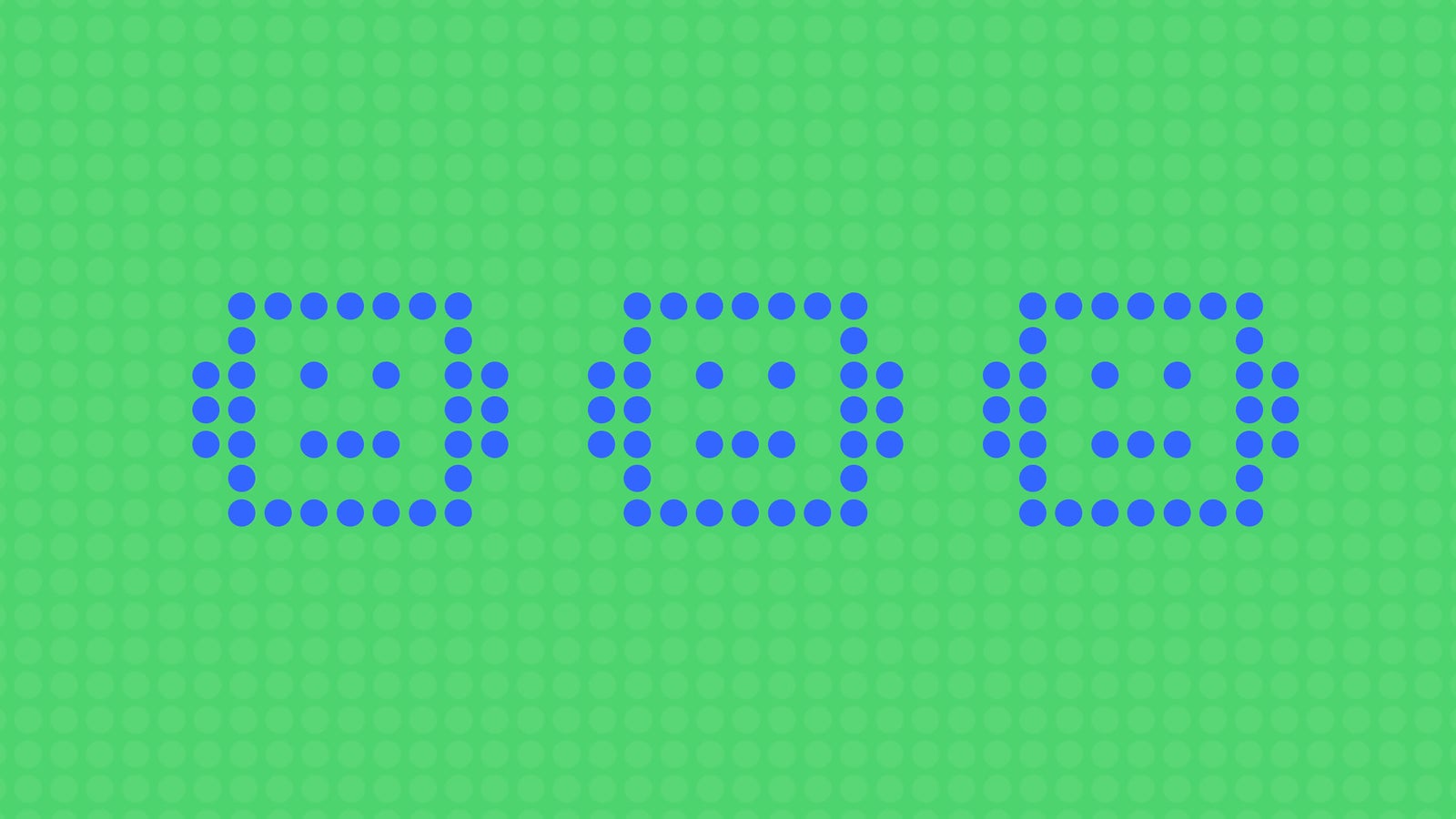 Three cartoonish robot faces, represented in blue dots, are arranged in a row against a green polka dot background. Each face has a simple expression with eyes and a neutral mouth.