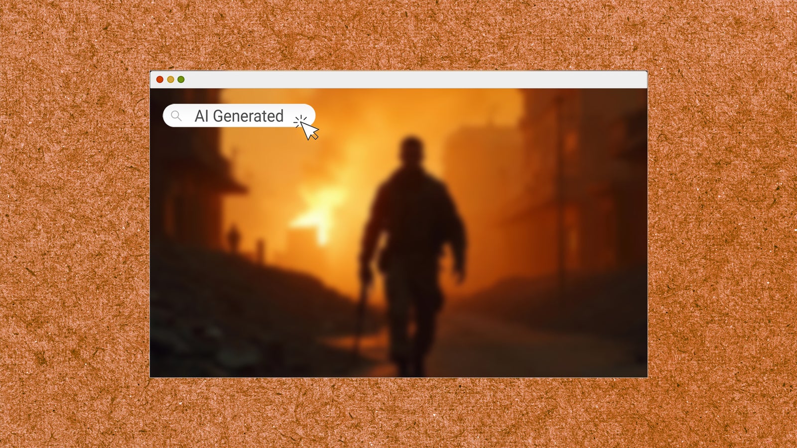 A silhouetted figure walks through a smoky, orange-lit street, with buildings partially visible in the background.