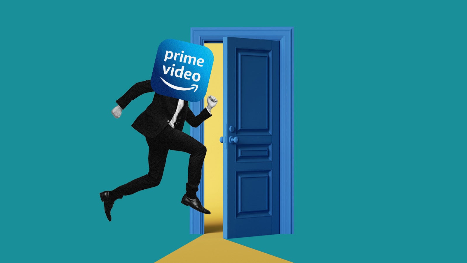 A collage of a person exiting a door with a Prime Video logo cube placed over his face against a teal background.