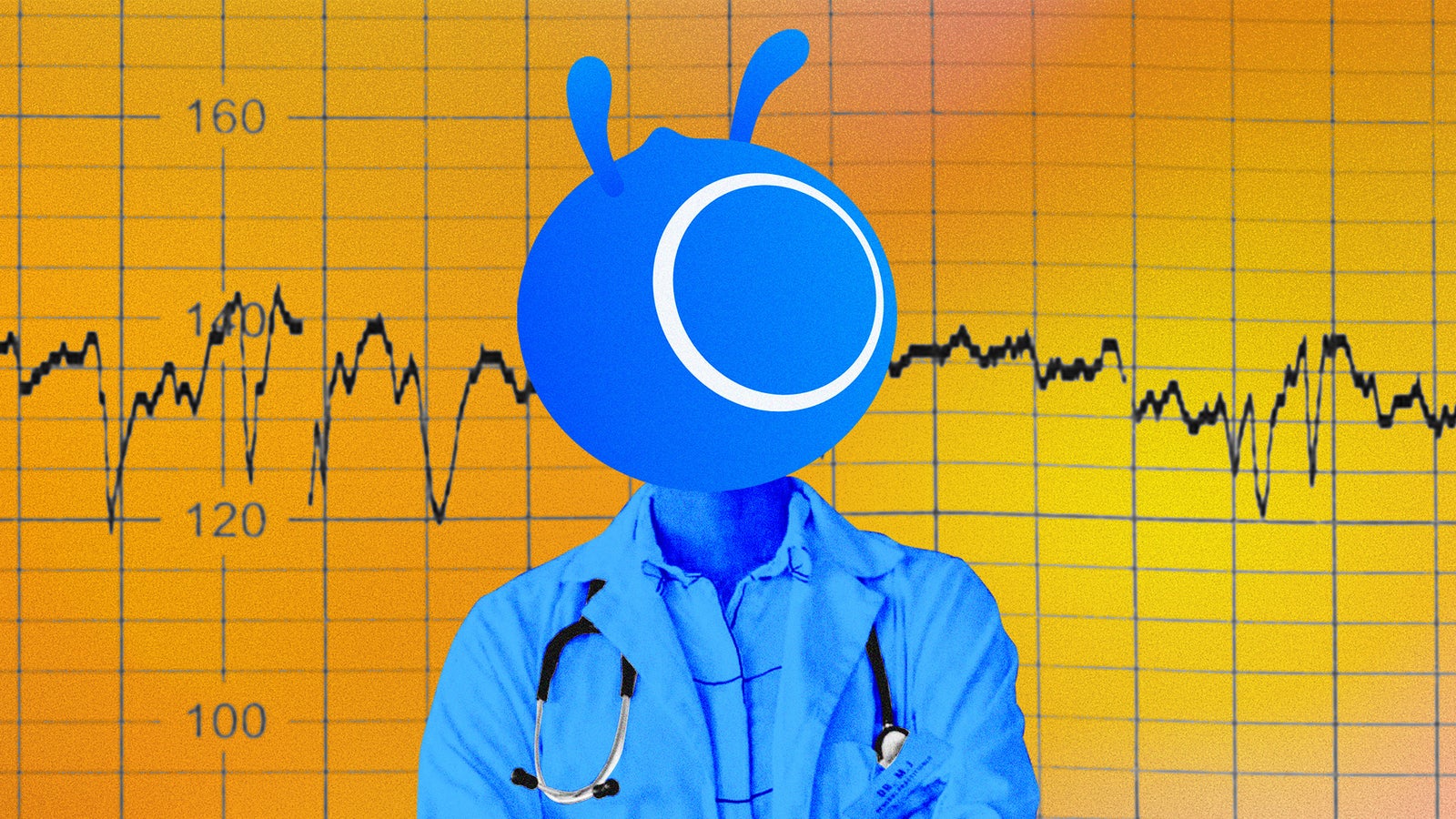 A blue cartoon character with a round head and large eyes, wearing a lab coat and stethoscope, stands in front of a graph.