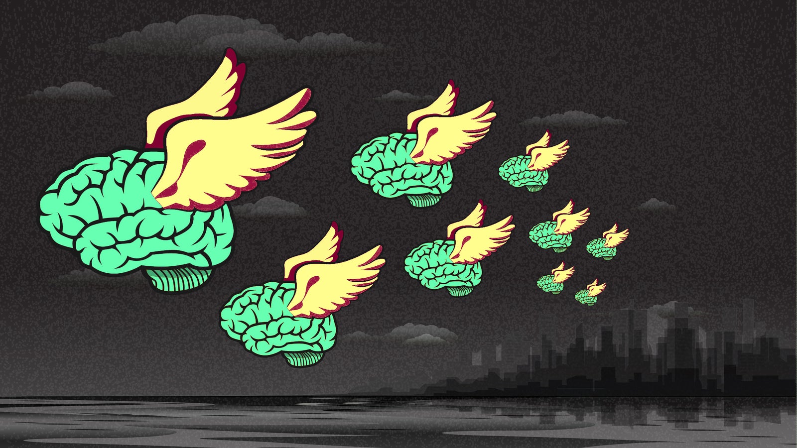 A whimsical illustration features multiple stylized brains with yellow wings soaring against a dark, cloudy sky, with a faint city skyline in the background and water in the foreground.