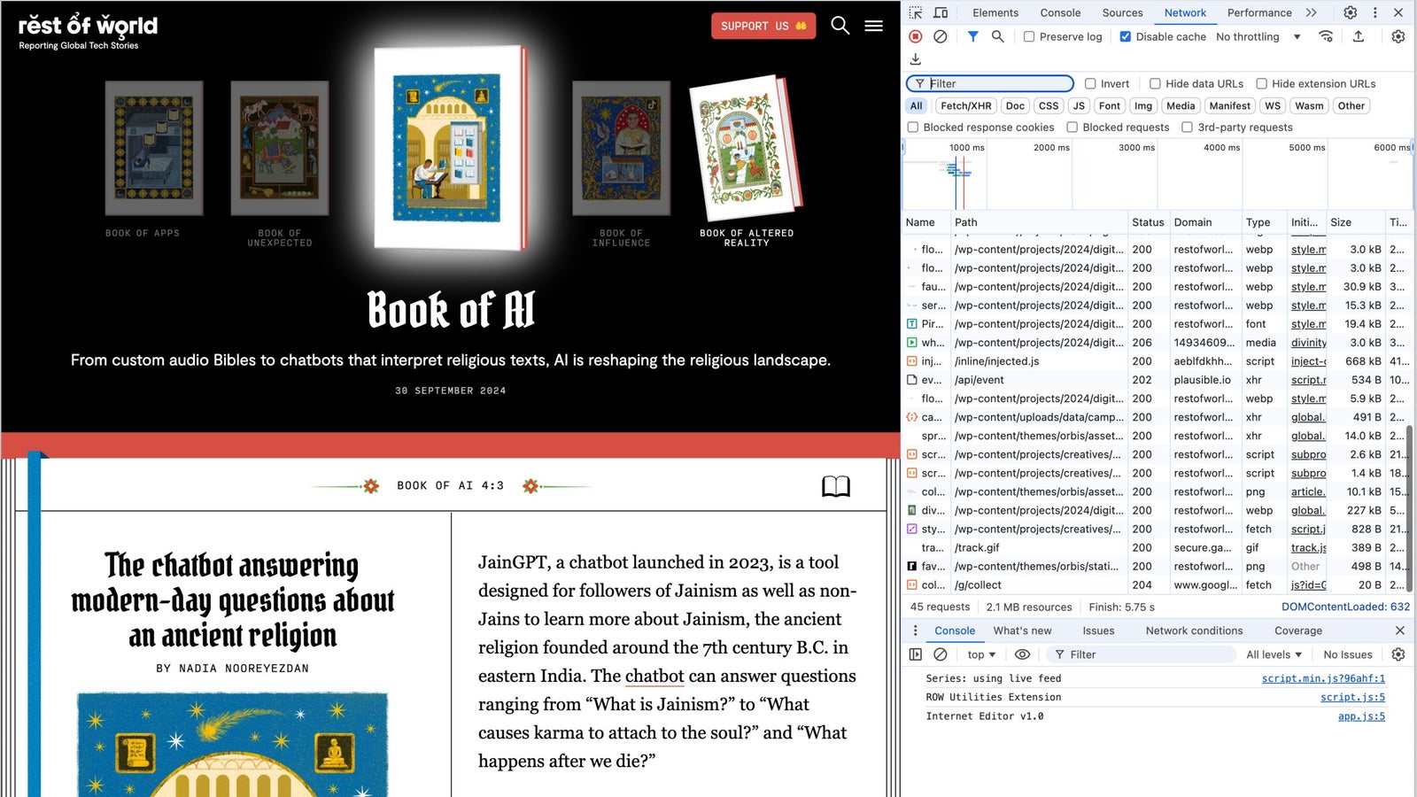Screenshot of an article from the Digital Divinity Series in web browser. The Developer tools are open on the right side, showing list of network request made by the browser to load the page.