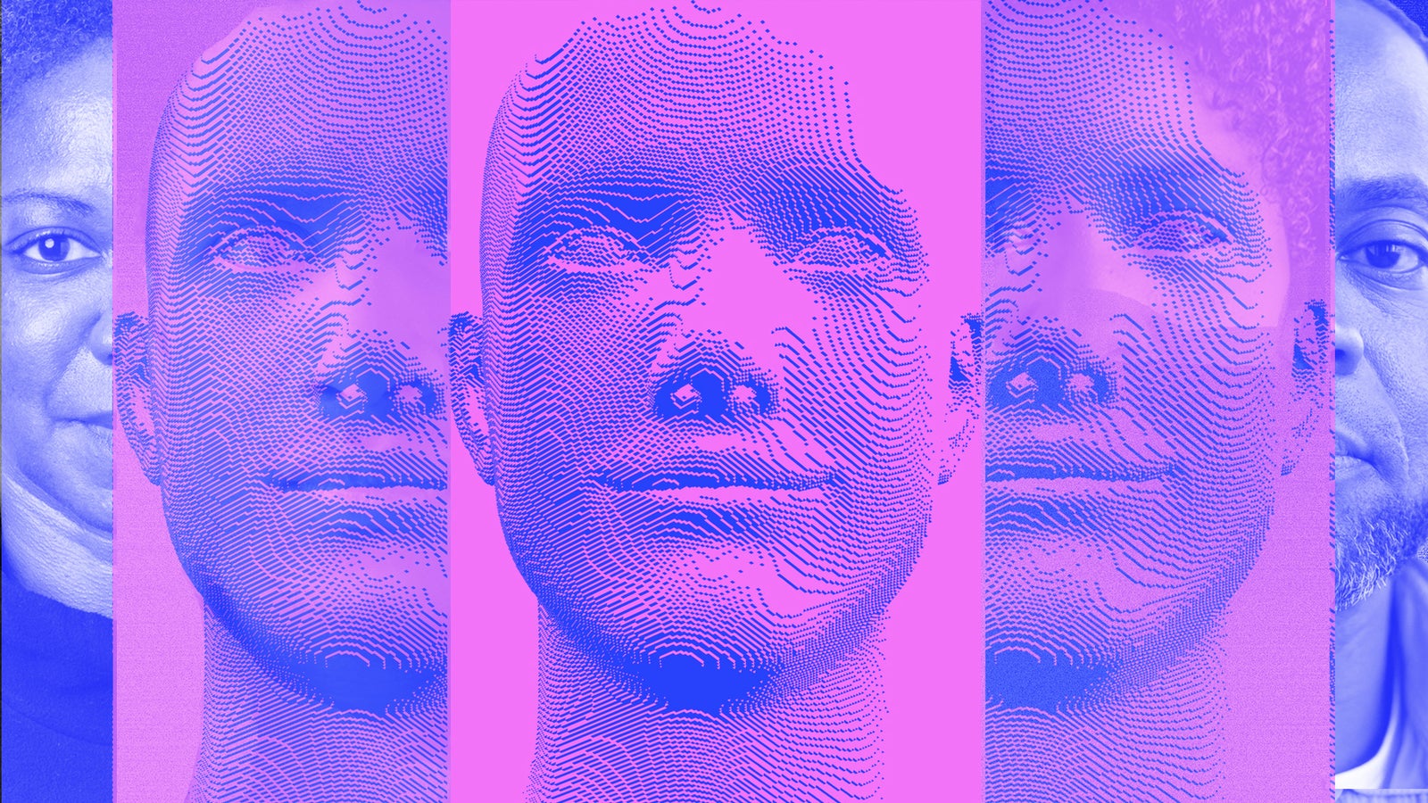 A stylized digital artwork featuring a series of abstract, line-drawn faces in purple and blue hues, combined with partial human faces on the left and right sides, creating a blend of human and digital elements.
