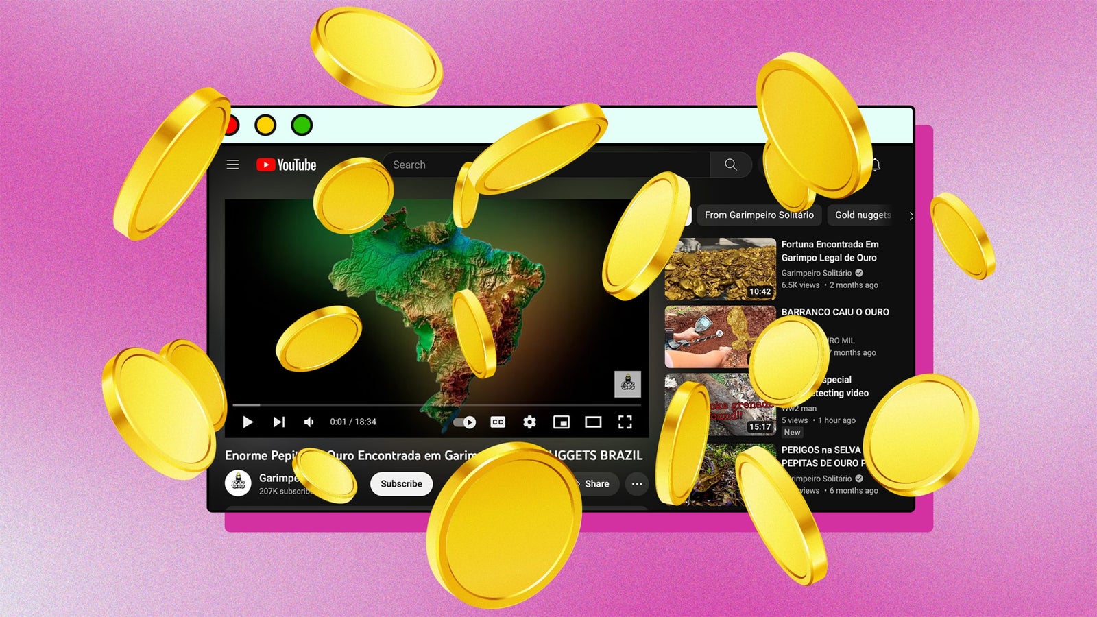 Illustration that shows a Youtube video from mining influencer Garimpeiro Solitário and gold coins falling out of the window.