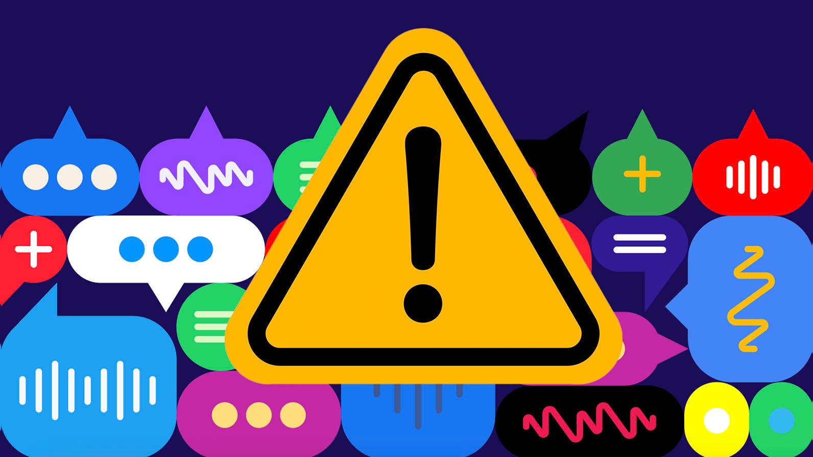 A large yellow warning triangle with an exclamation mark is centered in front of various colored speech bubbles and chat icons on a dark purple background, representing communication or alert themes.