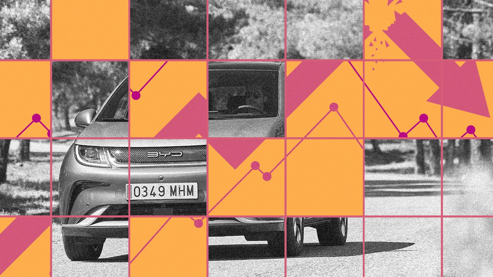 A grayscale image of a car partially obscured by colorful geometric shapes and graphs, featuring a visible license plate.