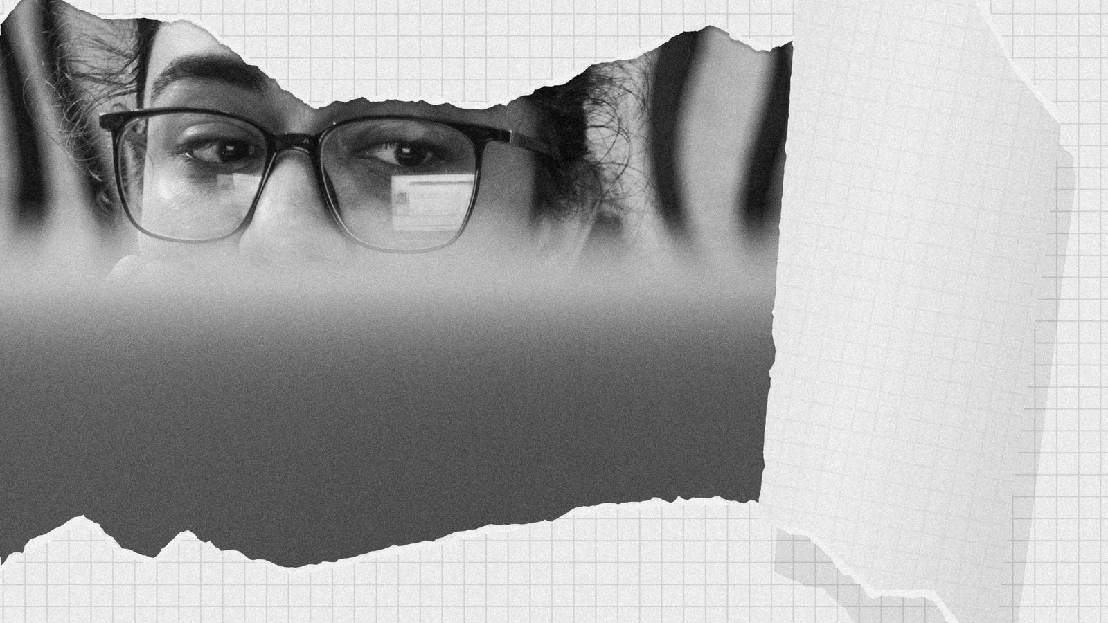 Close-up of a person's eyes behind glasses, focused on a computer screen, with a textured paper torn overlay effect and a grid background.