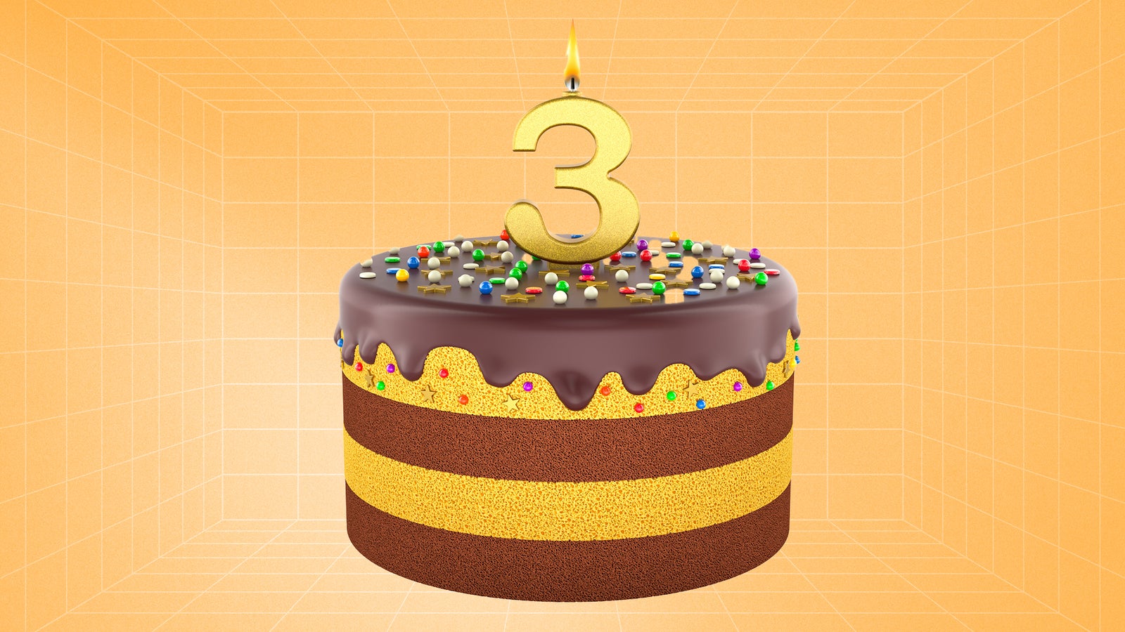 Three-tiered birthday cake with chocolate frosting and colorful sprinkles, decorated with a golden '3' candle on top.