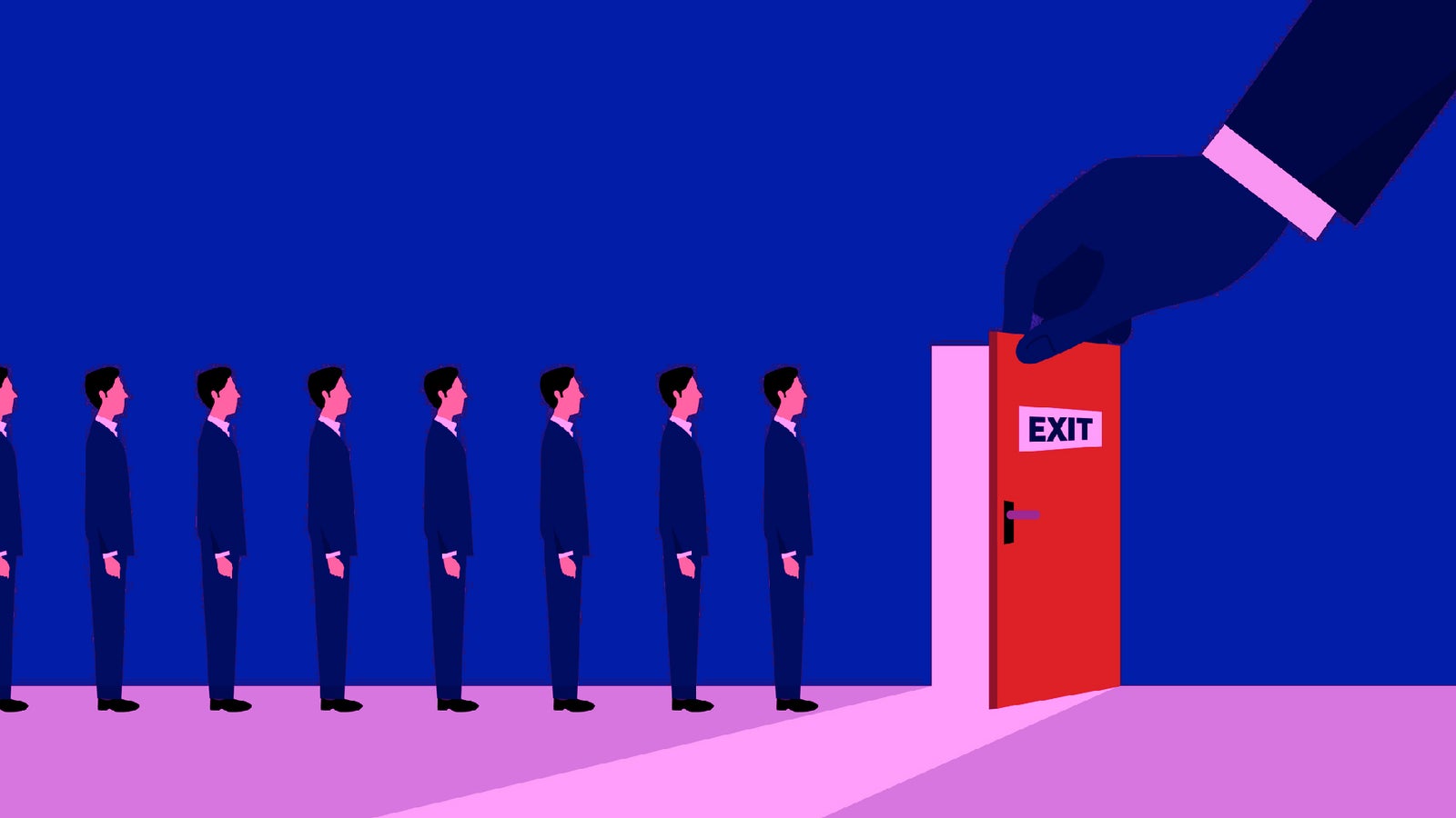 A line of men in suits waiting as a hand opens a red exit door labeled "EXIT" against a dark purple background.