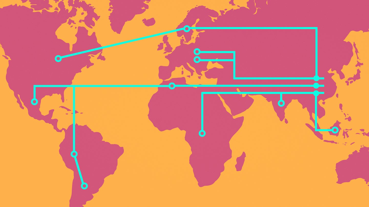 A stylized world map with bright orange and pink colors, featuring turquoise lines representing global connections and routes between various regions, including North America, Europe, Africa, and Asia.