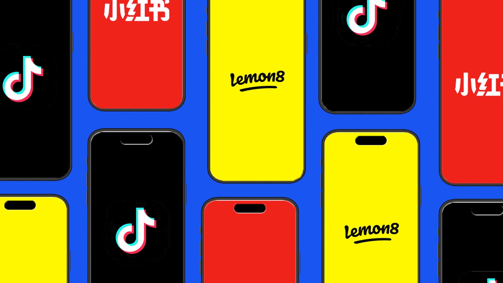 A flat lay of multiple smartphones on a vibrant blue background, displaying app logos including TikTok and Lemon8, as well as text in red and yellow that includes "小红书" (Little Red Book) and "lemon8."