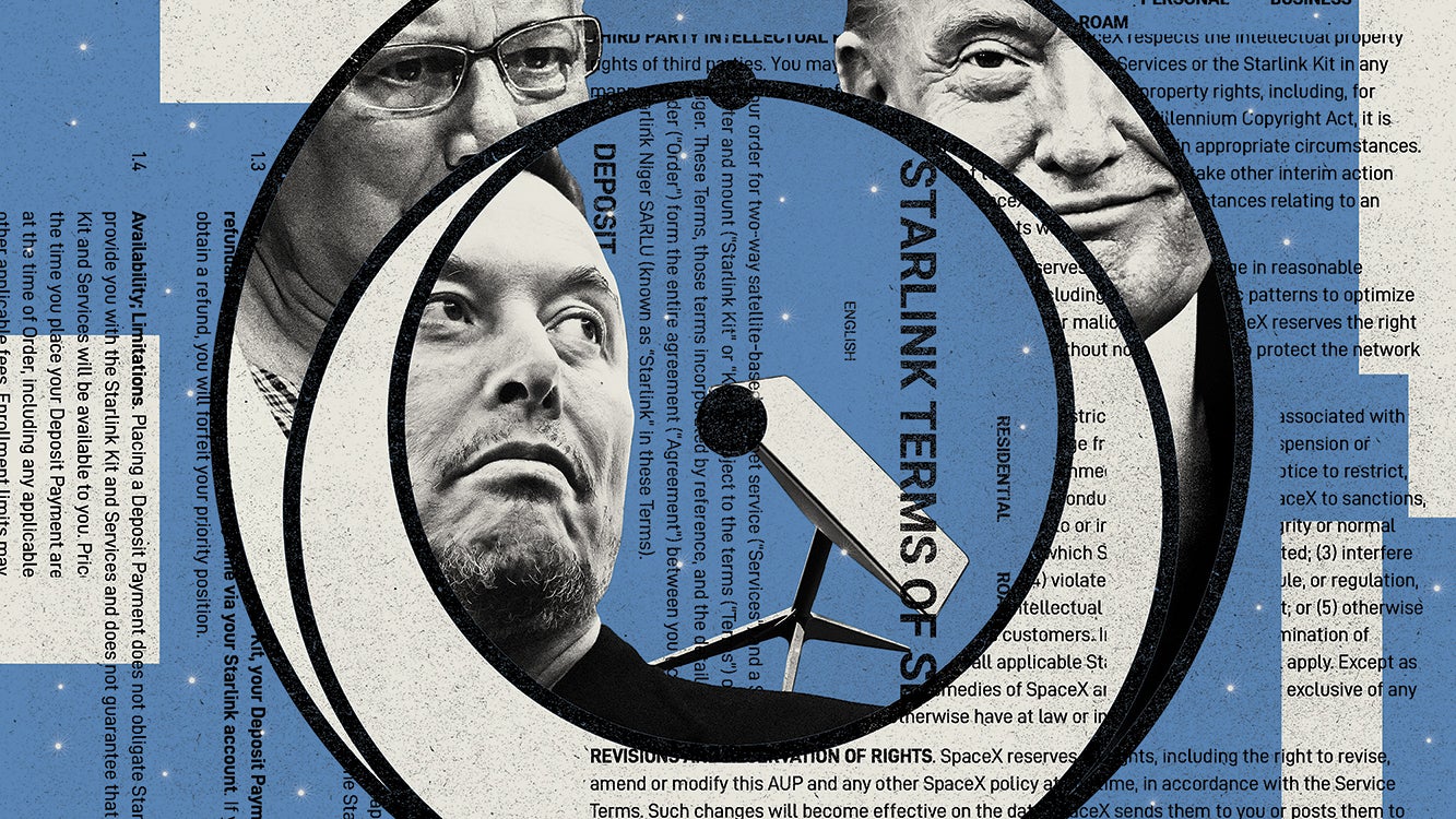 A graphic featuring the Starlink terms of service with images of men, a satellite dish, and text elements.
