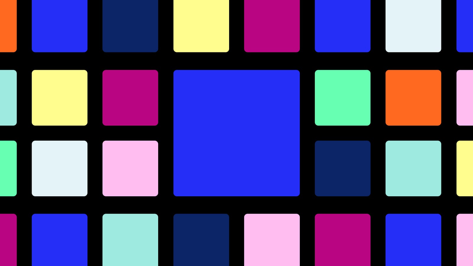 A grid of colorful squares on a black background, featuring various shades including blue, pink, yellow, green, and dark navy from Rest of World's new color palette.