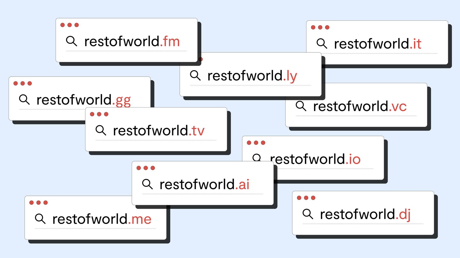 A collage of domain names with different suffixes in small browser windows over a light blue background.
