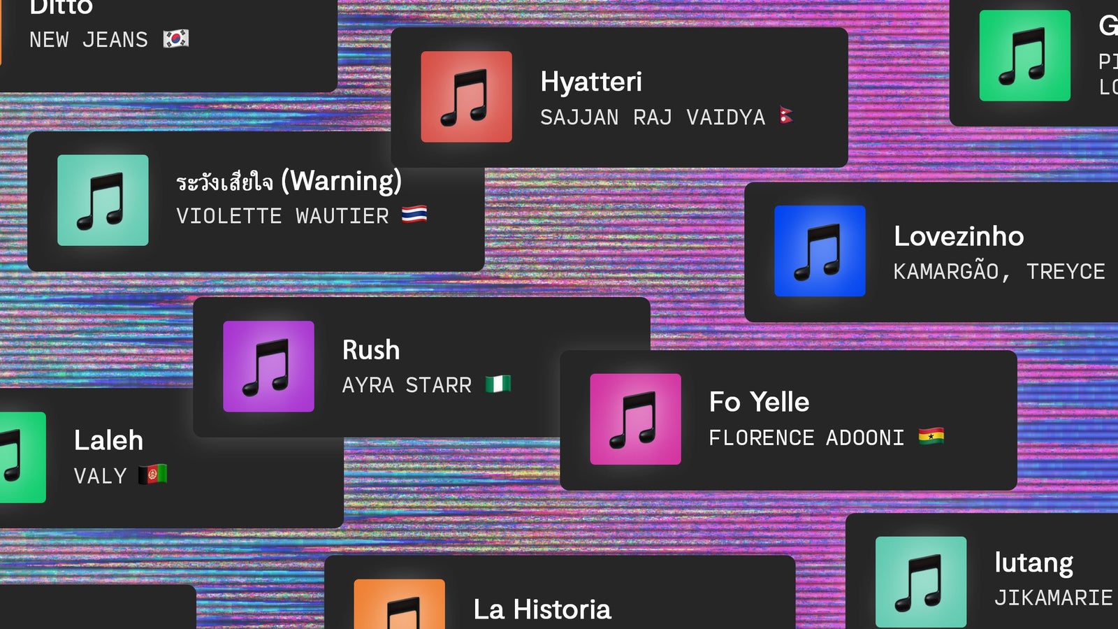 A collage showing icons of songs on a fictional music player.