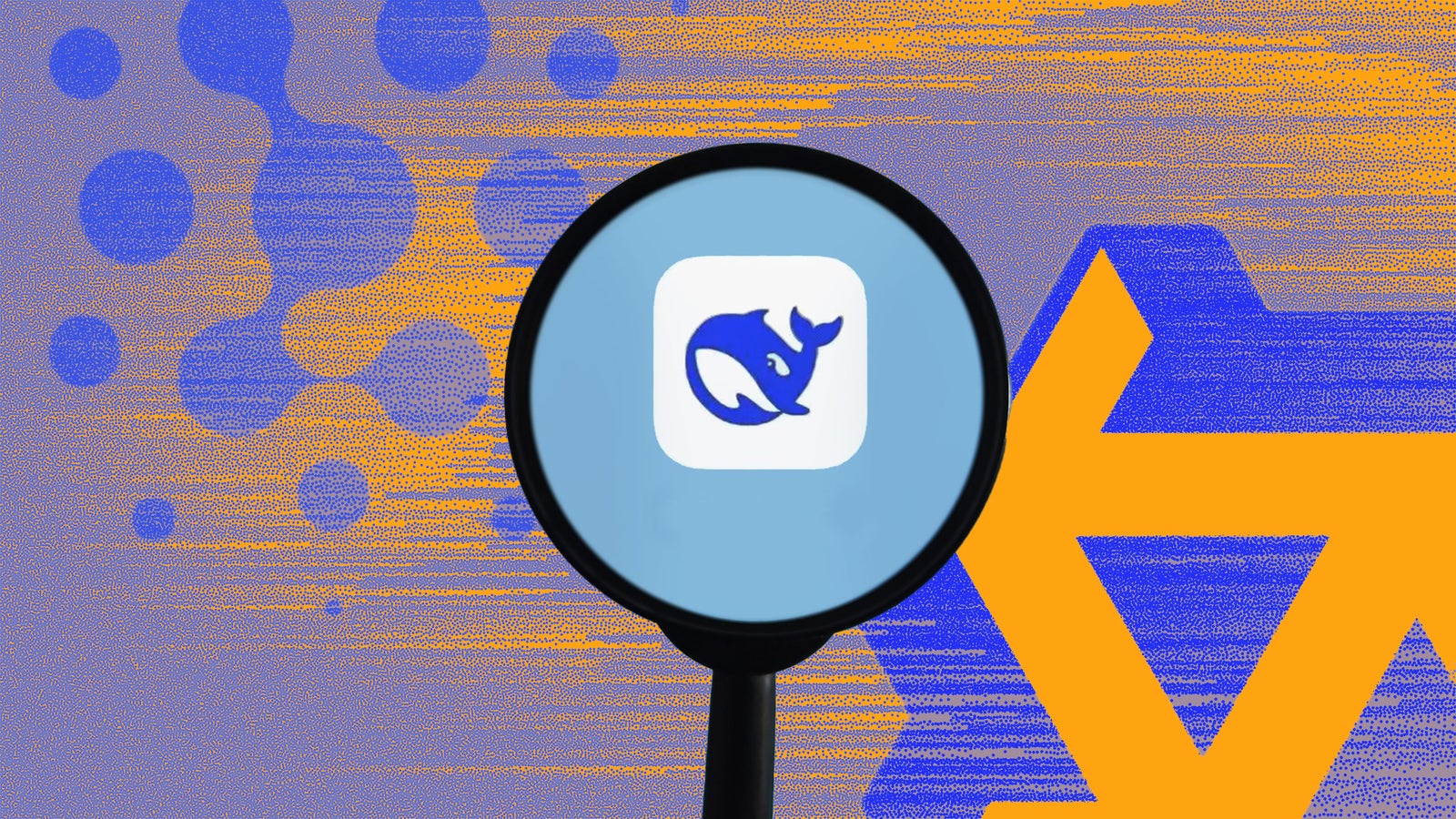 A magnifying glass focuses on a blue whale icon set against a colorful abstract background featuring shapes and patterns in blue and orange tones.