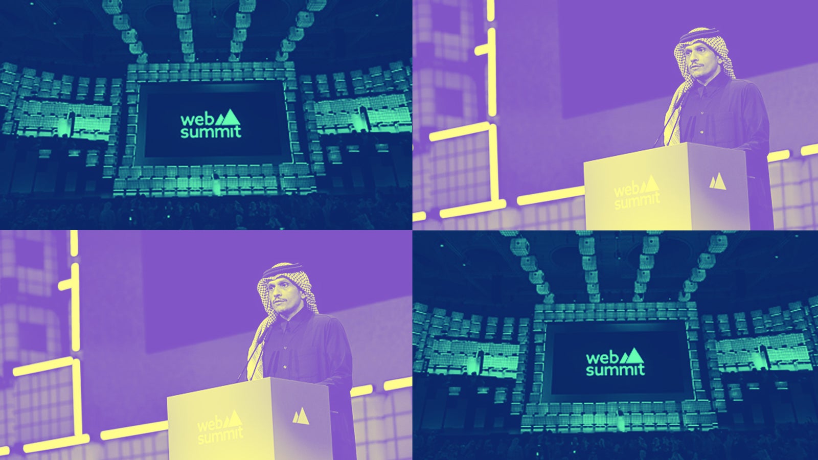 A speaker at a podium addresses an audience during the Web Summit, with a large screen displaying the event logo in the background.