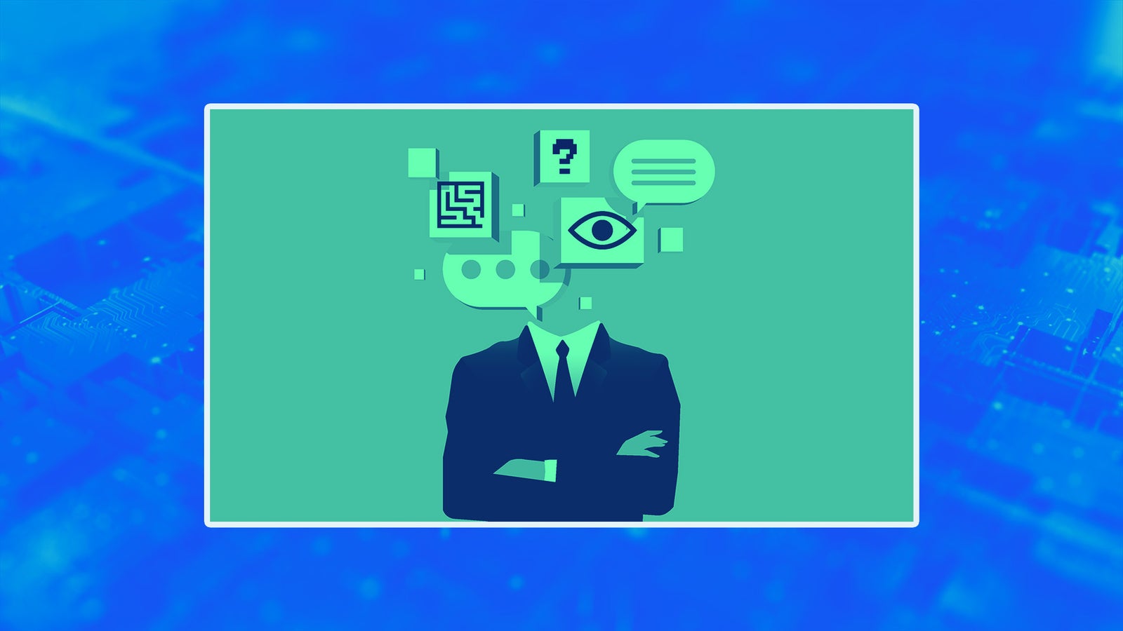 A faceless figure in a suit stands with arms crossed, surrounded by symbols of technology and communication.