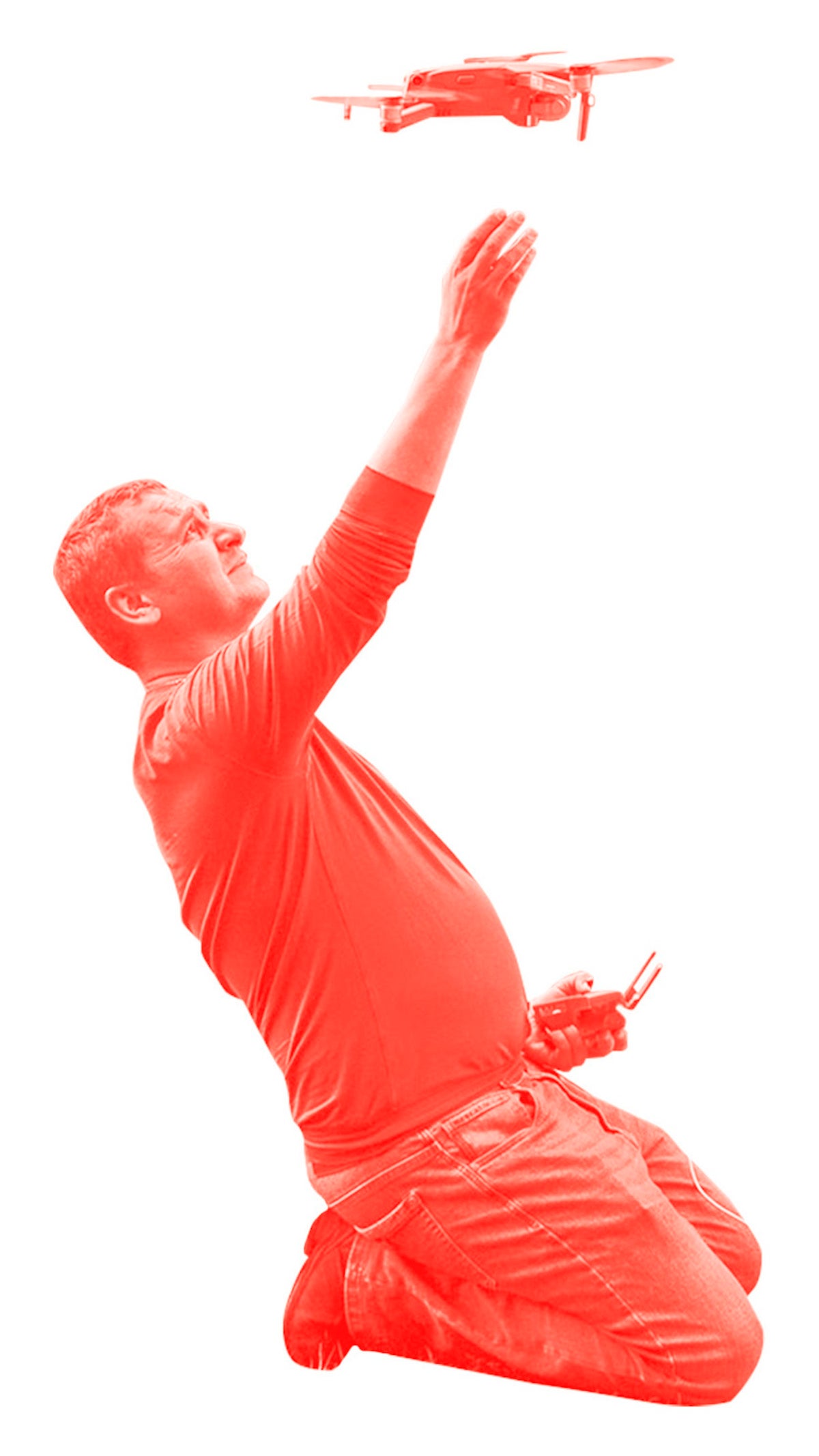 A photo of a man reaching for a flying drone with a red overlay, against a white background.