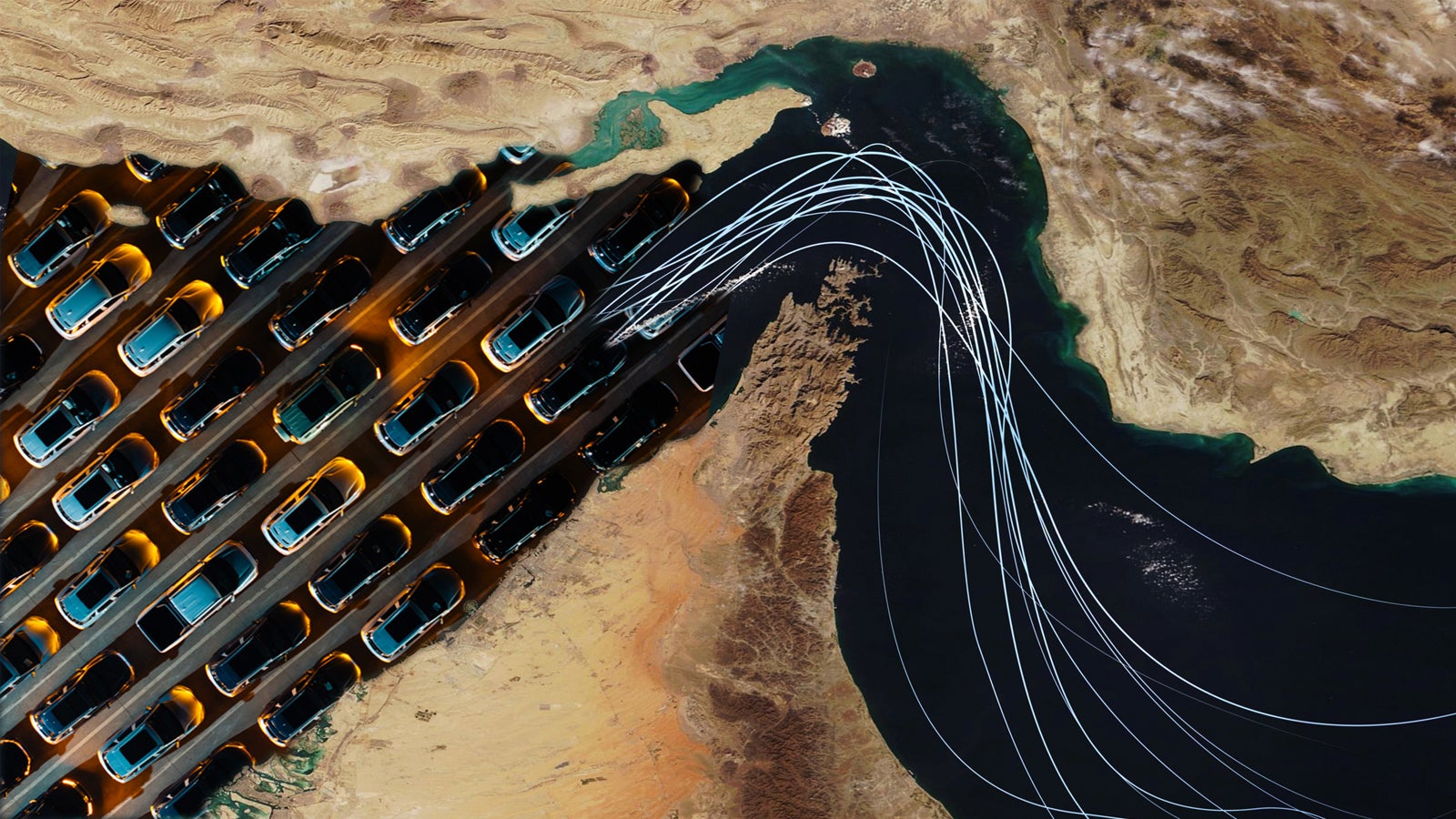 Aerial view of cars lined up along a coastal area, with light trails representing movement over water.