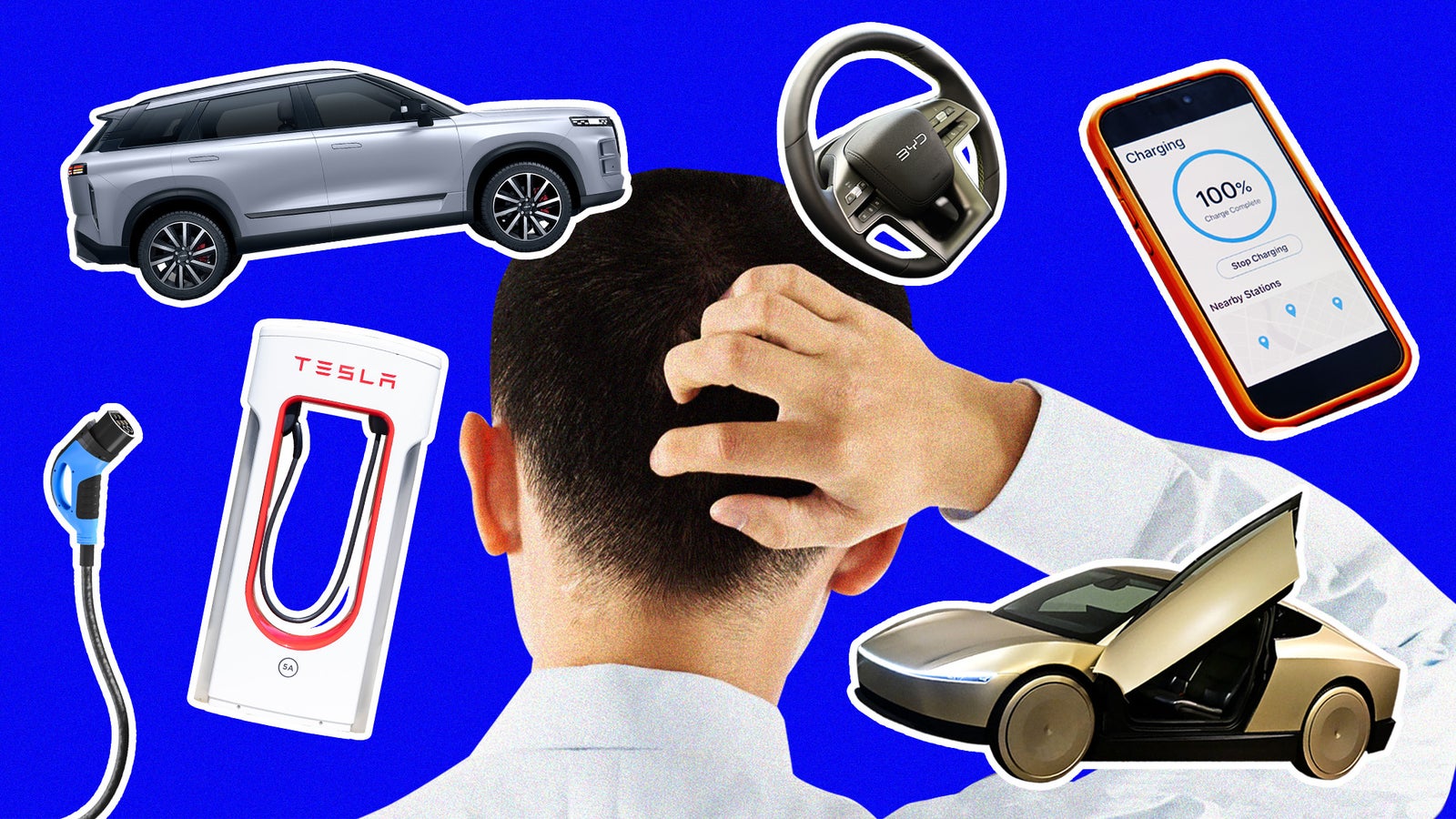 A person scratching their head surrounded by various electric vehicles, a steering wheel, and a phone showing charging status on a blue background.