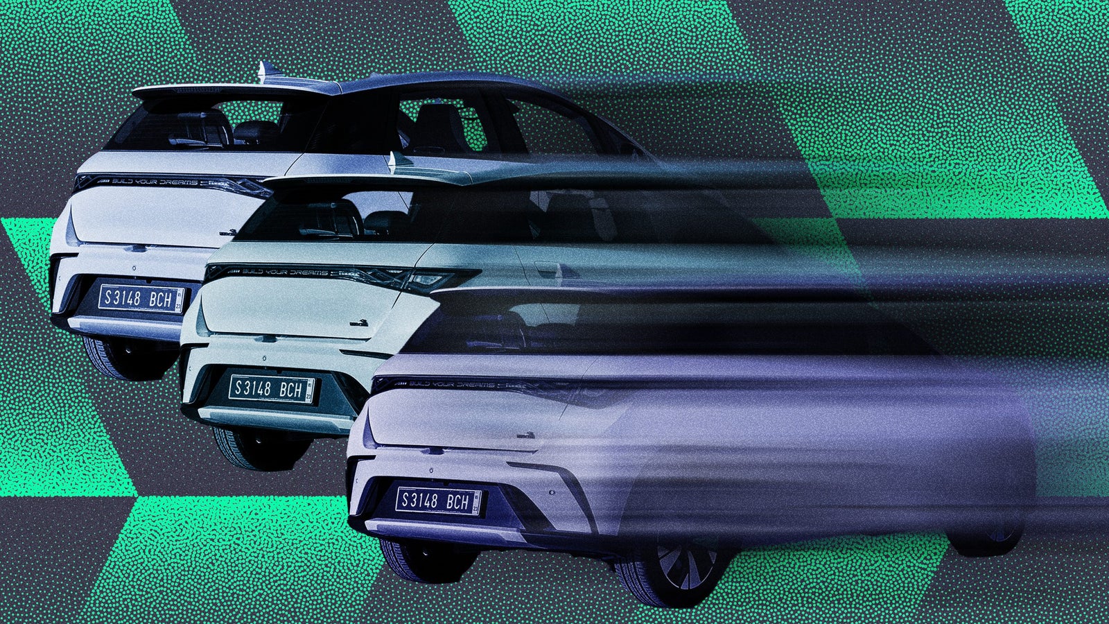 Three sleek electric cars in motion, against a colorful geometric background with a vibrant design.