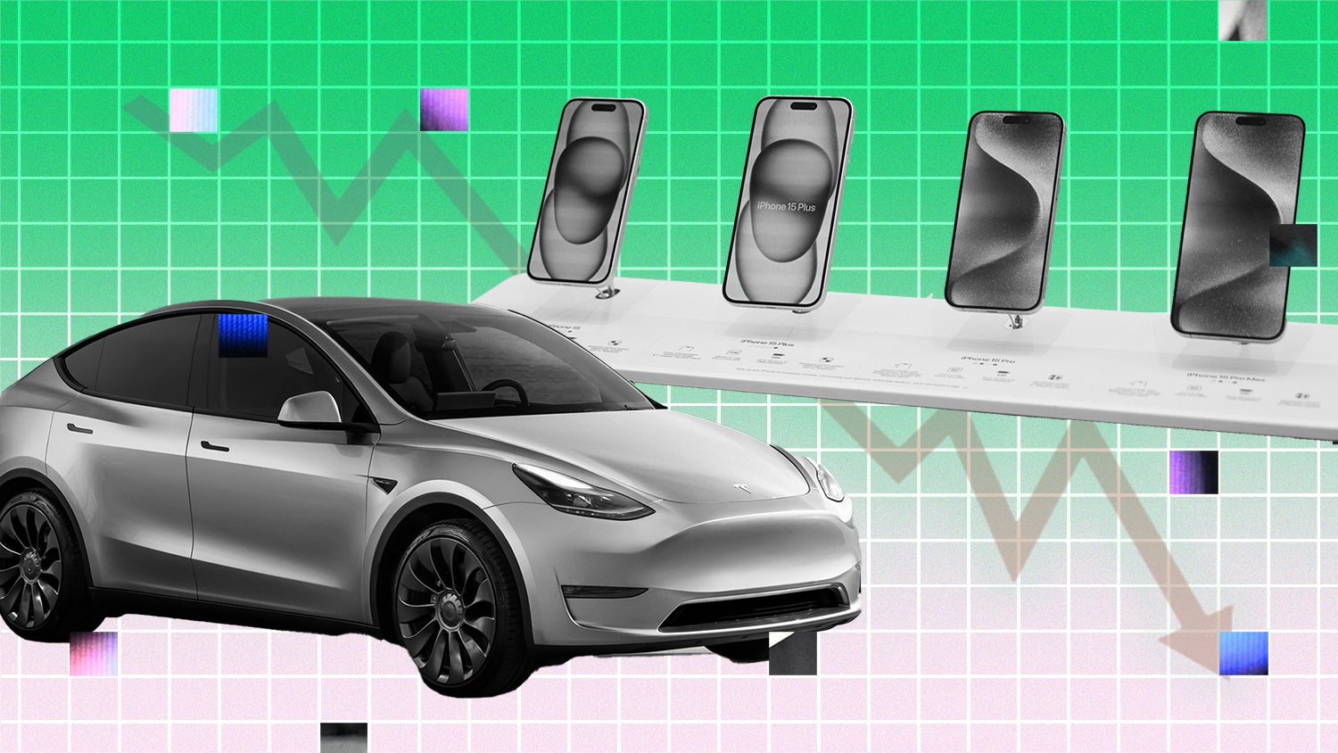 A monochrome collage of Apple iPhone's and a Tesla car with a downward sloping graph line against a background of checkerboard green and pink squares.