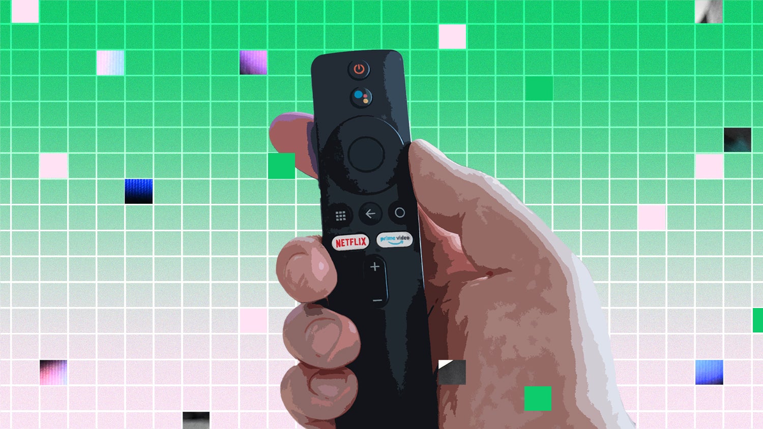 A photo collage showing hands holding a remote with the Netlfix and PrimeVideo buttons on it, against a background of checkerboard green and pink squares.