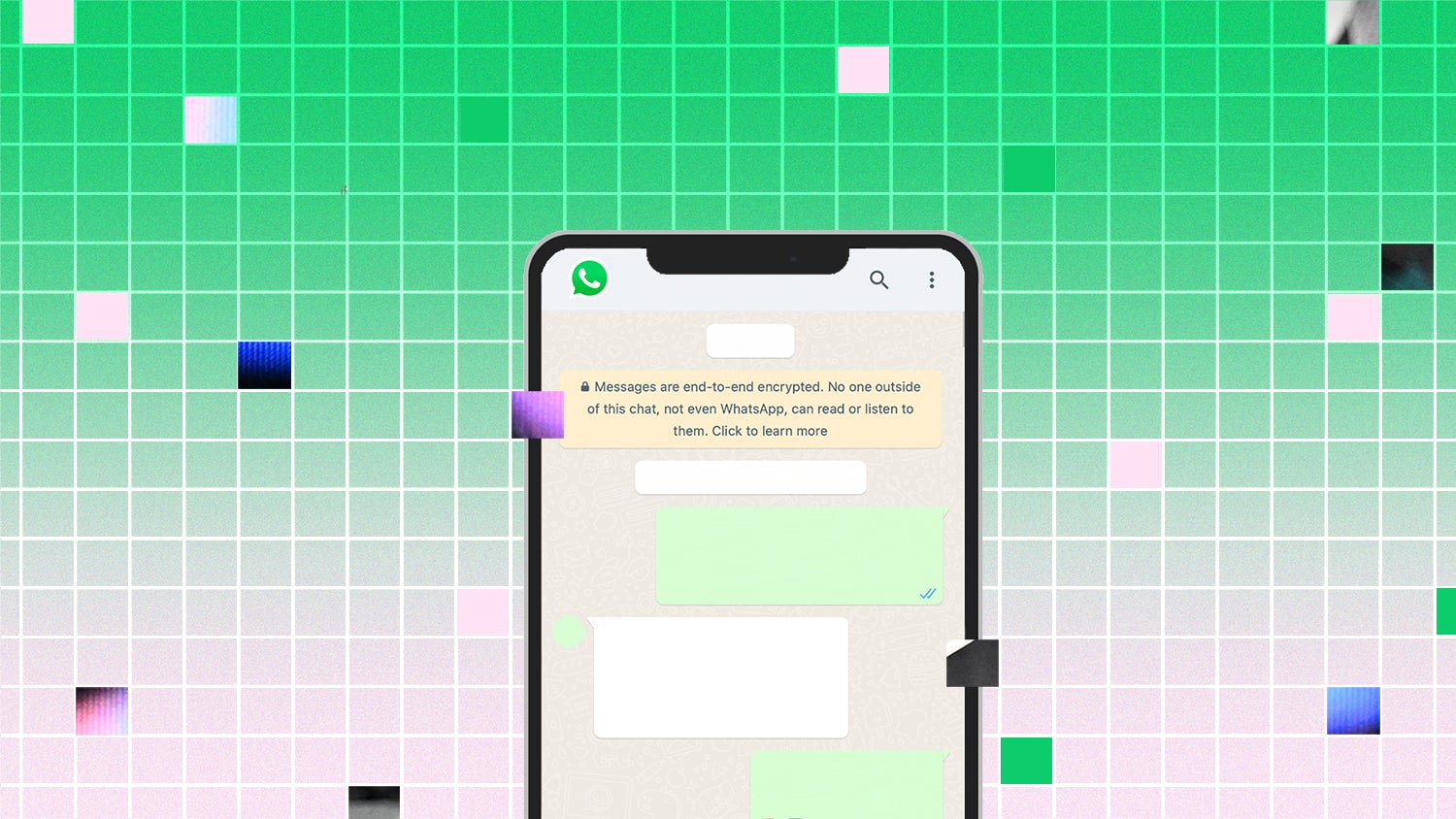 A phone wireframe showing a Whatsapp chat with the encryption message featured at the top. The background of the image is a pattern of small green and pink squares.