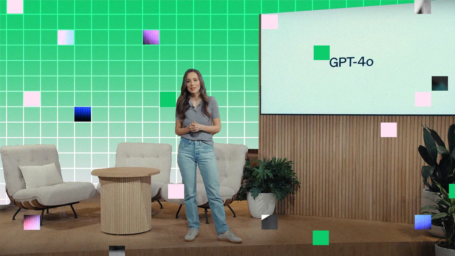 A cutout still from the ChatGPT-4o demo video against a background of checkerboard green and pink squares.