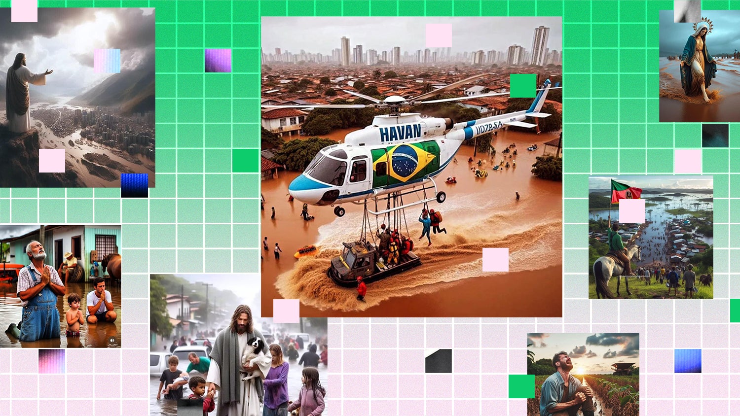 A collage showing AI generated photos in related to the Brazilian floods in varying sizes against a background of checkerboard green and pink squares.